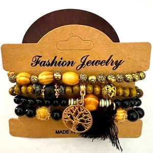 4pcs/set Tree Of Life Pendant Multilayer Beaded Bracelet Round/Wooden Beac